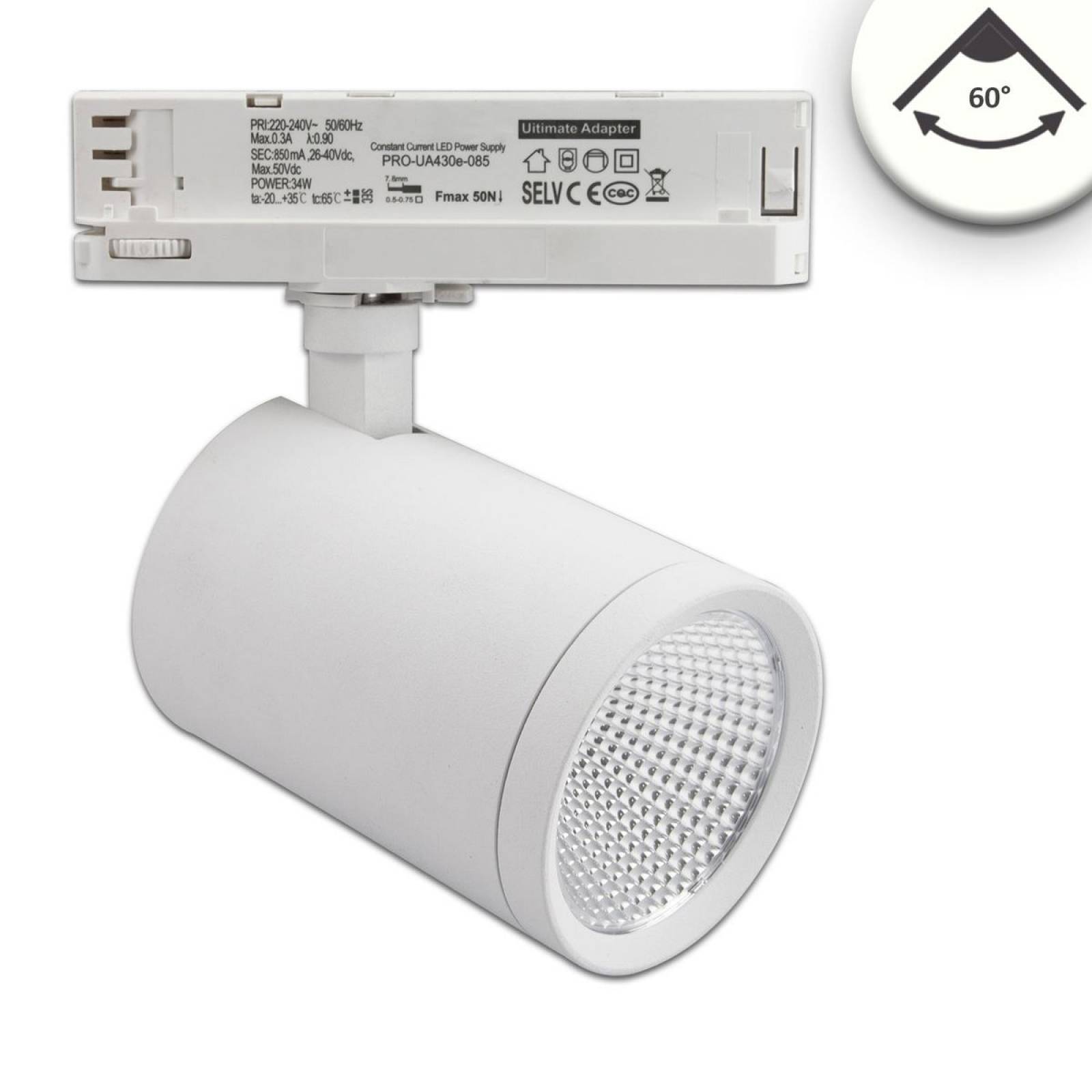 3-PH Schienen-Strahler, 35W, 60�, weiss matt, 4000K, CRI90