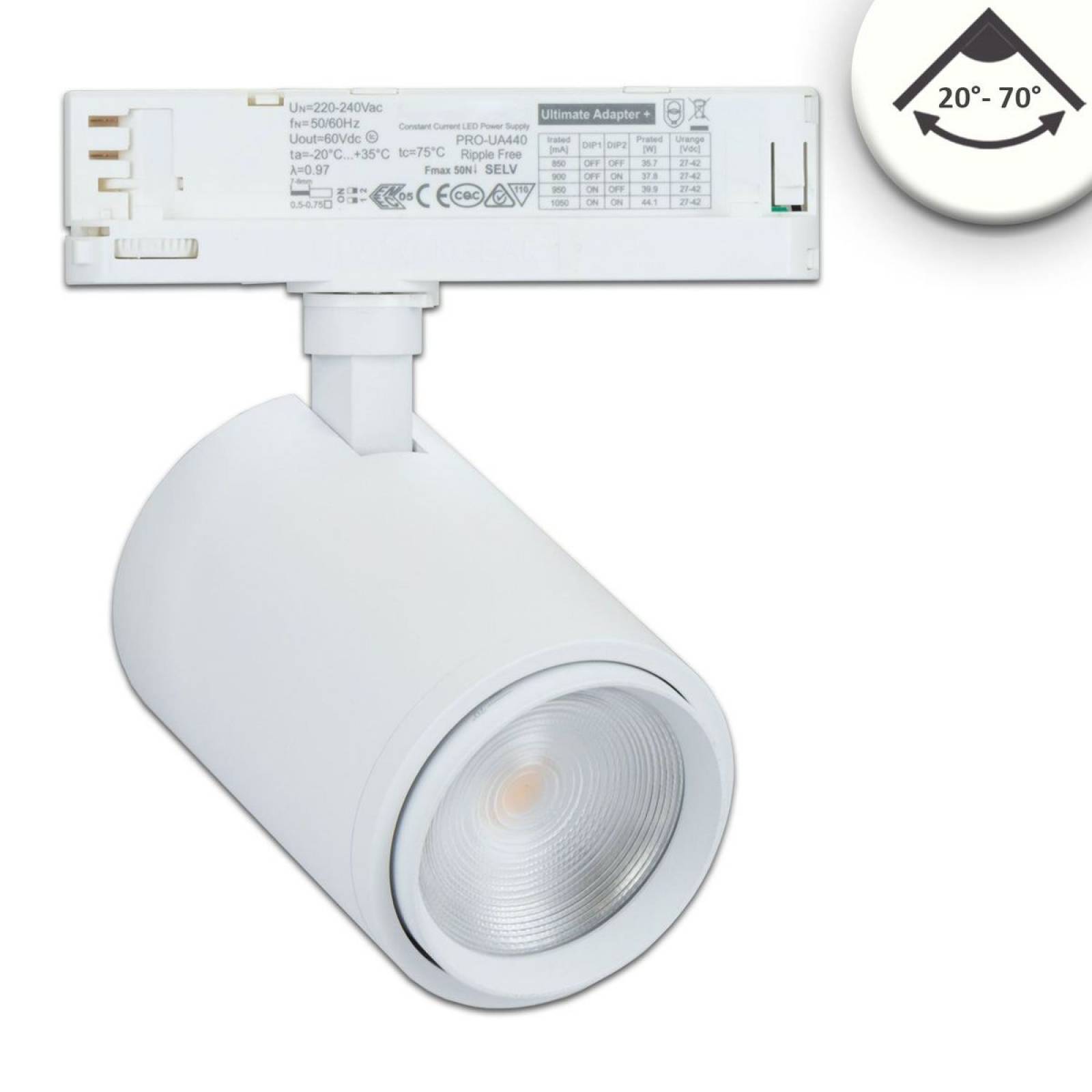 3-Phasen Schienen-Strahler Vollspektrum LED fokussierbar 20�-70�, 42W, 4000lm, 4000K, wei�