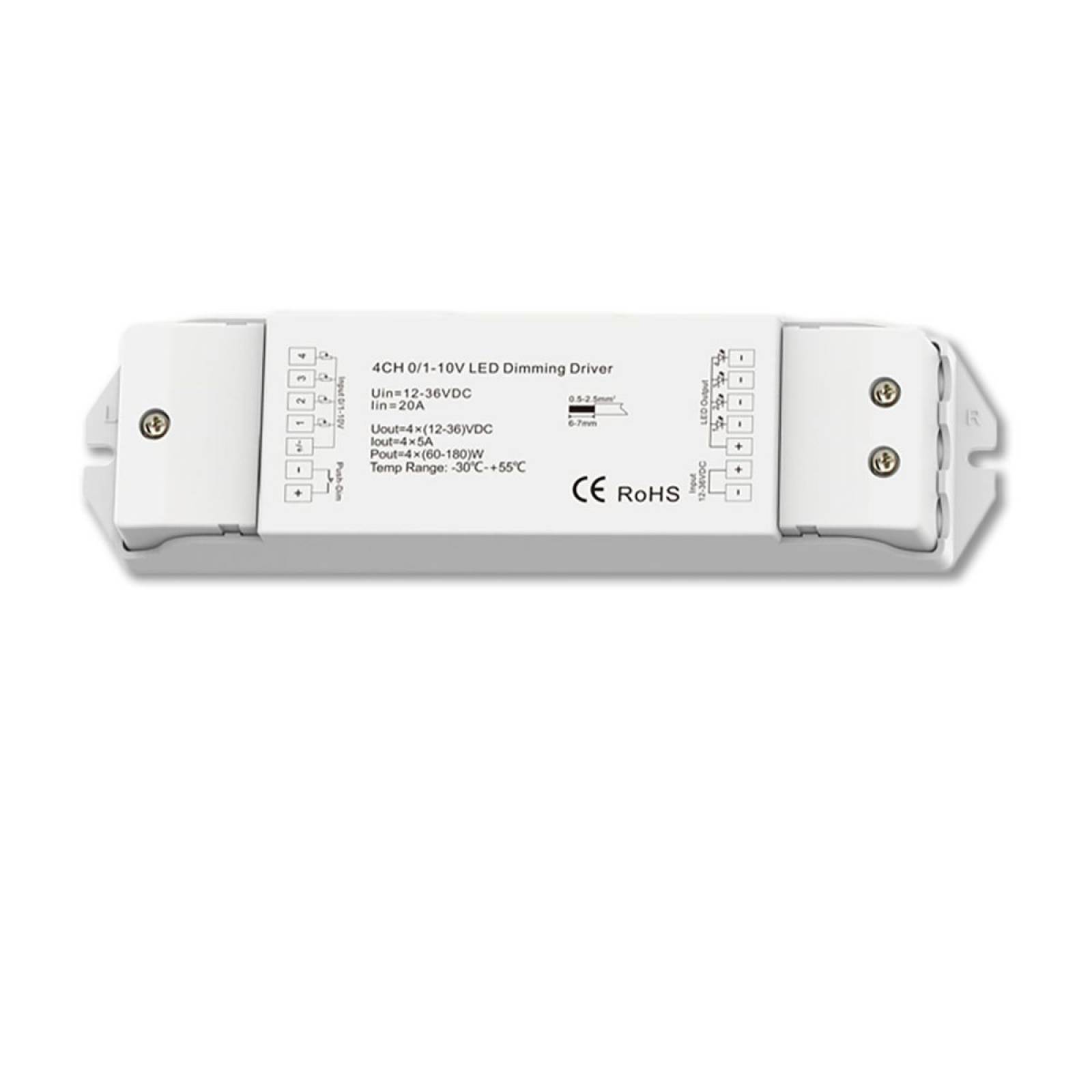 4x1-10V Input PWM Dimmer, 4 Kanal 1xPush, 12-36V DC, 4x5A, Sys-Pro Isoled