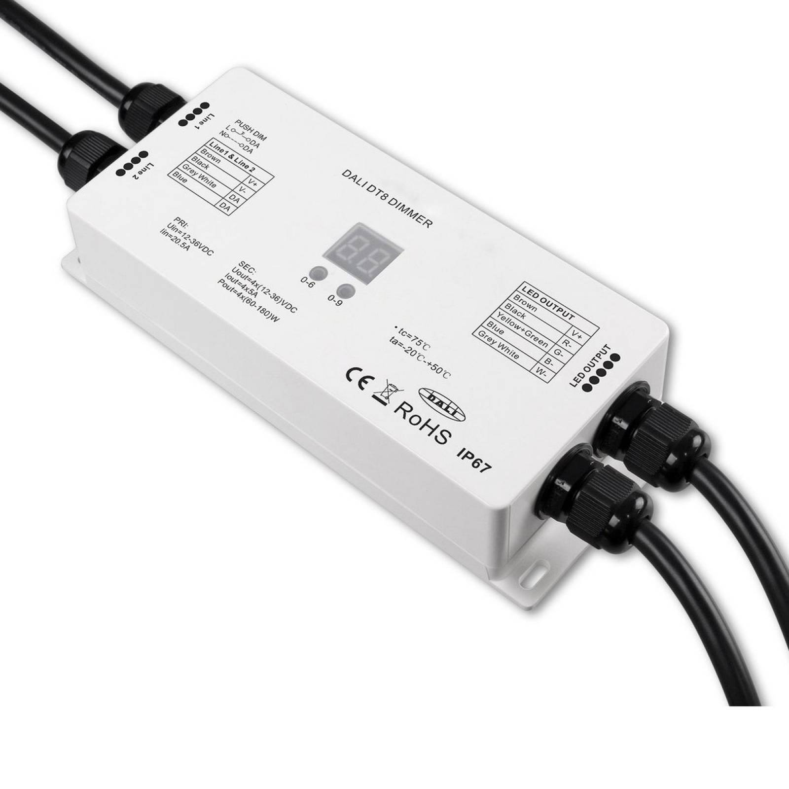 DALI DT8 1 Adresse RGB+W PWM-Dimmer IP67, 4 Kanal, 12-36V 4x5A, 48V 4x3A