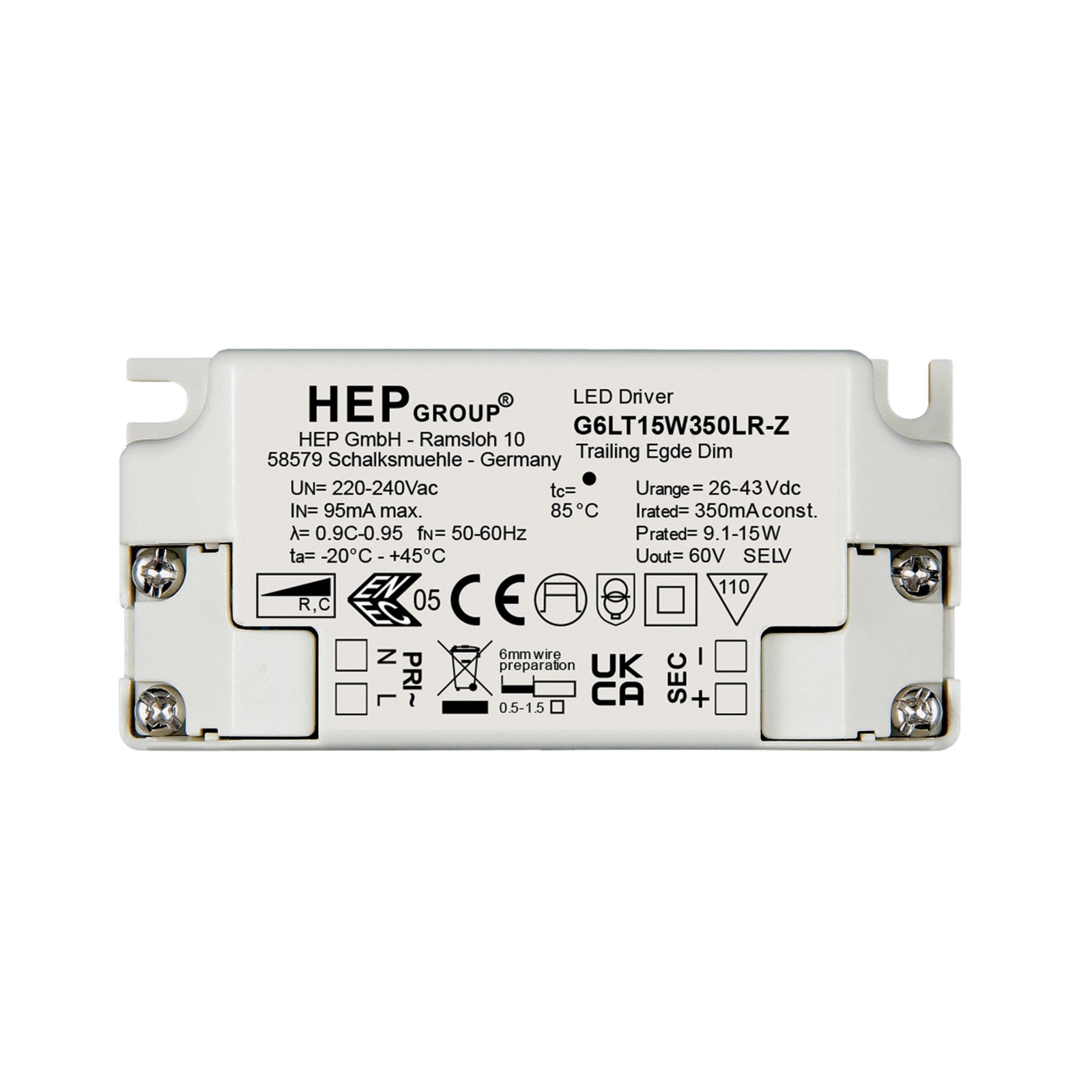 HEP dimmbares Netzger�t stromkonstant (CC, DC) G6LT15W350LR-Z,  9,1-15W, IP67, 26-43V/DC