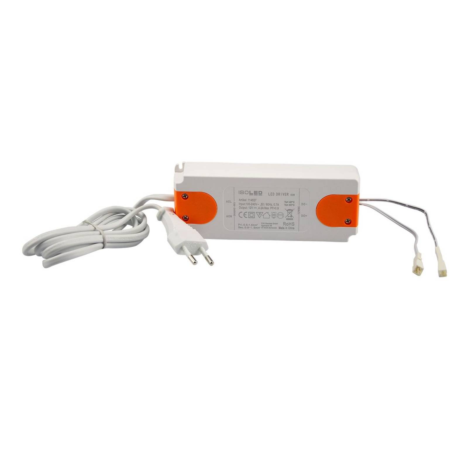 ISOLED MiniAMP Trafo, 12V/DC, 50W, 120cm mit Flachstecker, Sekund�r 2 Female-Buchsen