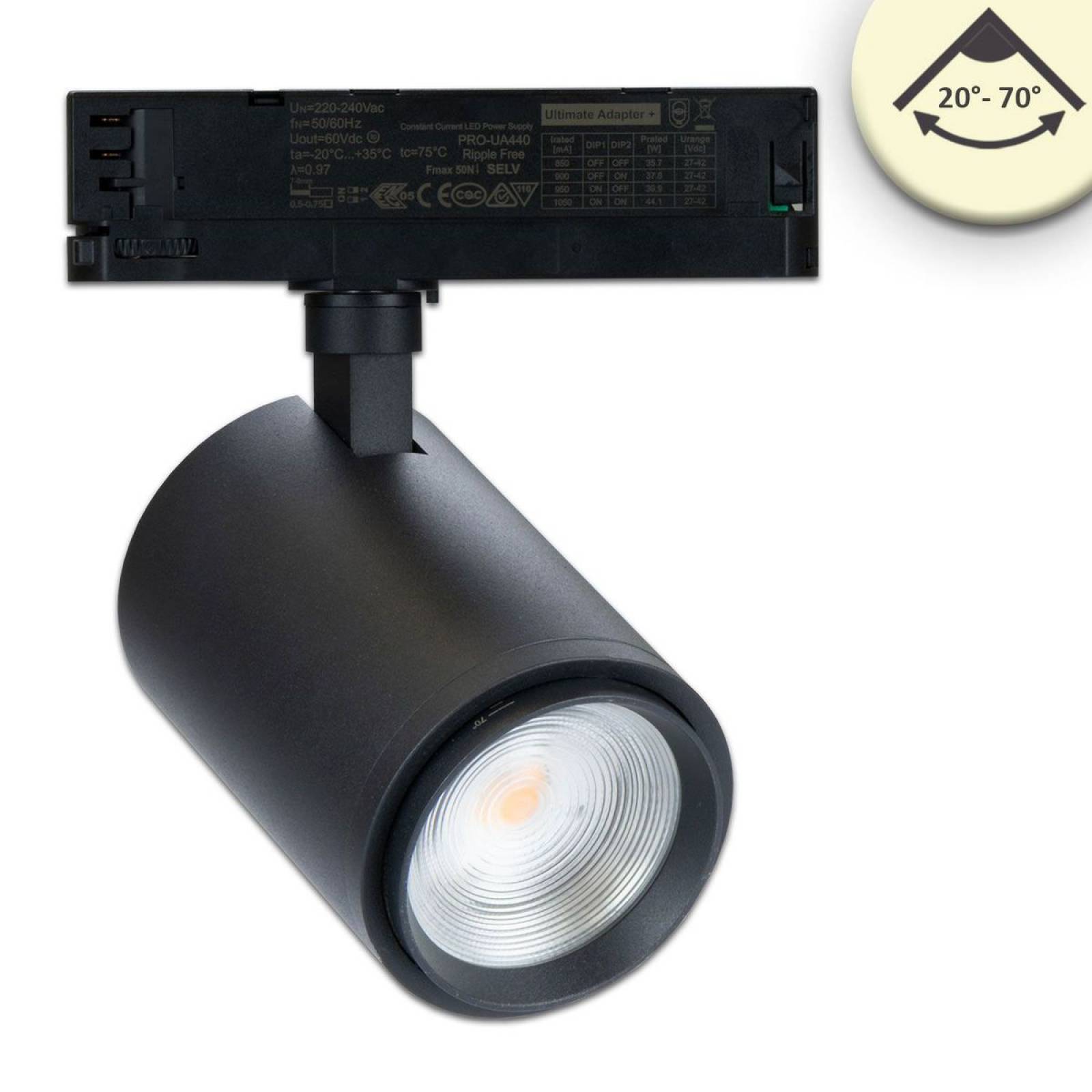 LED 3-Phasen Schienen-Strahler fokussierbar 20�-70�, 42W,  4200lm, schwarz, 3500K, CRI/Ra92
