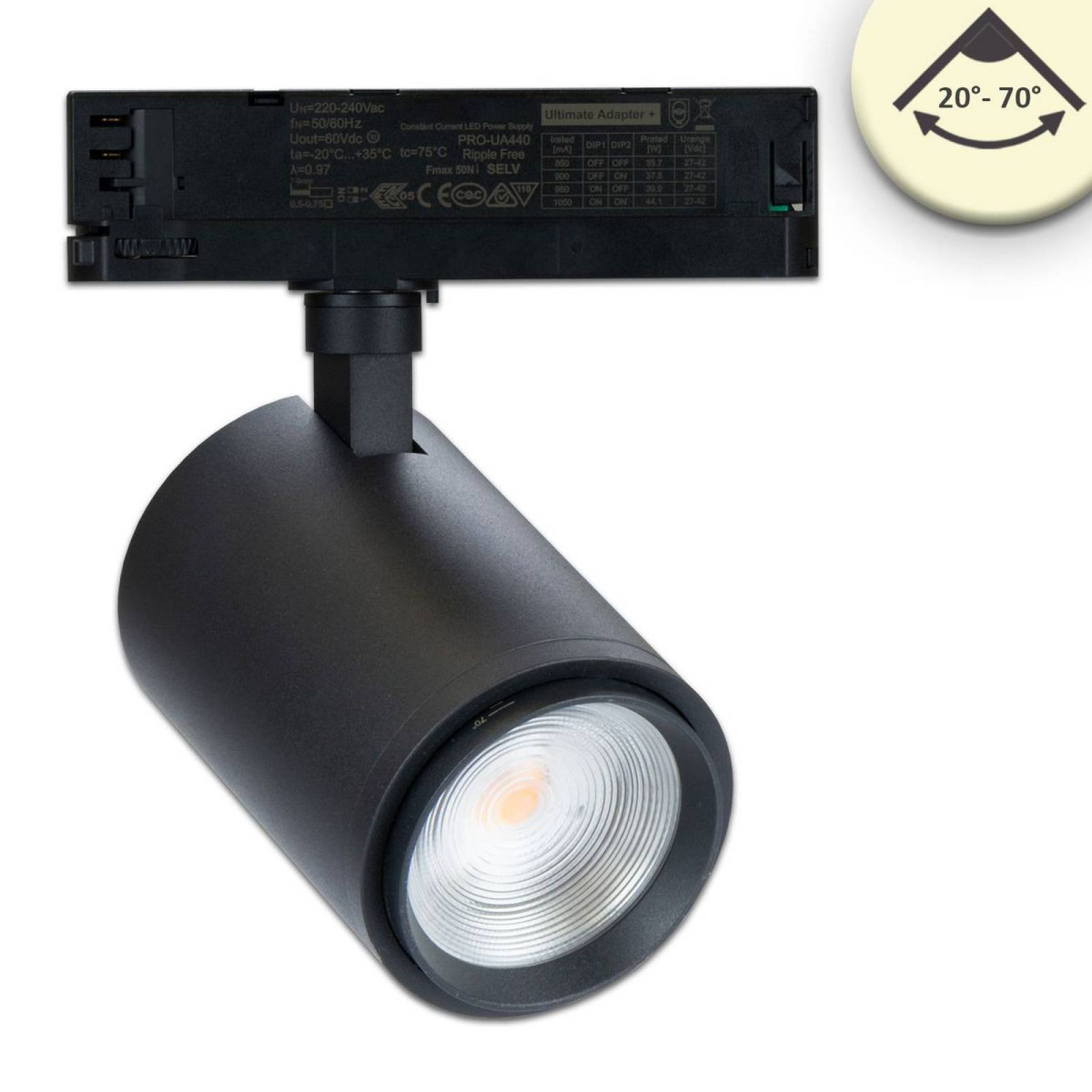 LED 3-Phasen Schienen-Strahler fokussierbar 20�-70�, 42W,  4300lm, schwarz, 3000K, CRI/Ra92