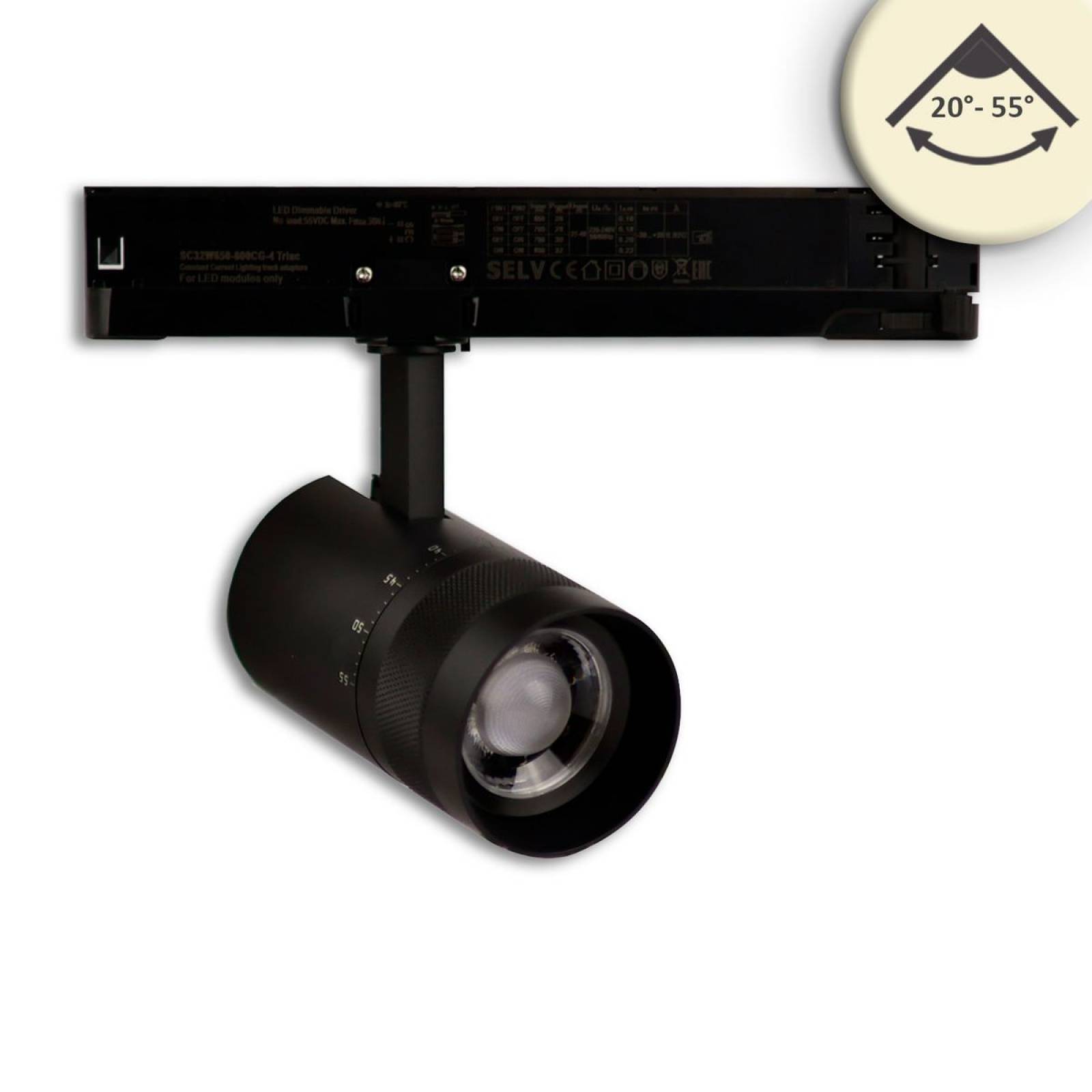 LED 3-Phasen-Strahler 12W, fokussierbar 20�-55�, schwarz matt, 3000K, 928lm, CRI/Ra90, DALI dimmbar