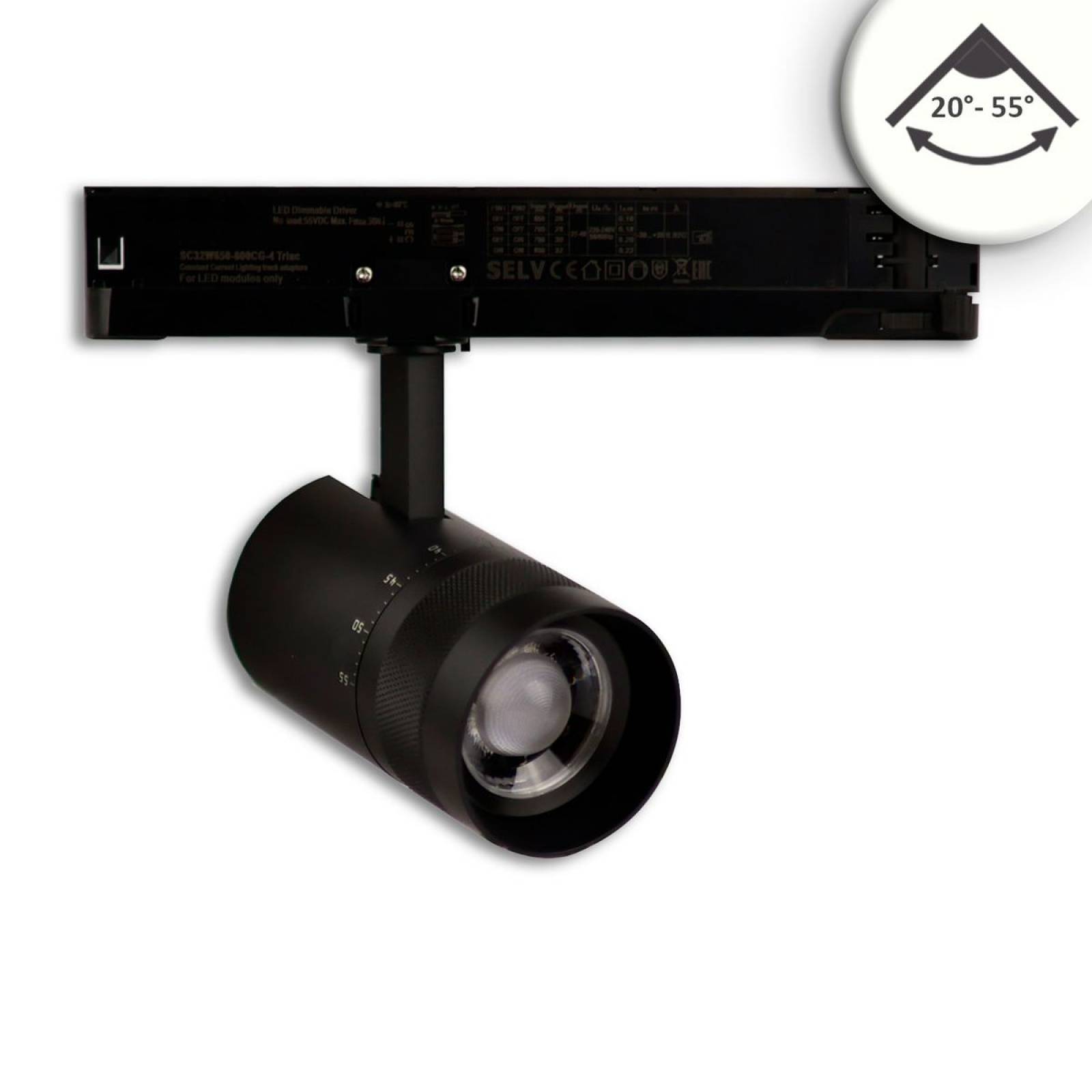 LED 3-Phasen-Strahler 12W, fokussierbar 20�-55�, schwarz matt, 4000K, 970lm, CRI/Ra90, DALI dimmbar