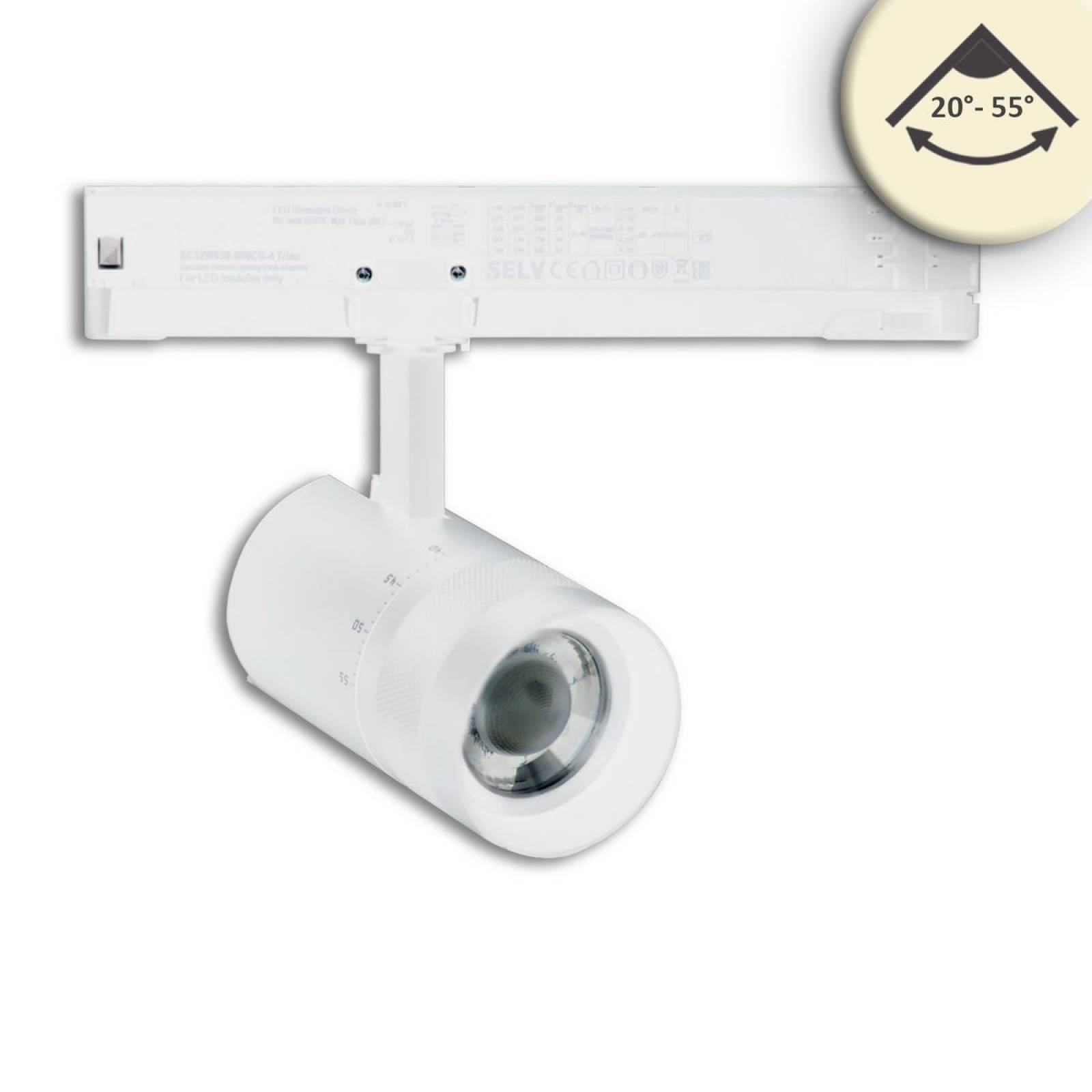 LED 3-Phasen-Strahler 12W, fokussierbar 20�-55�, wei� matt, 3000K, 928lm, CRI/Ra90, DALI dimmbar