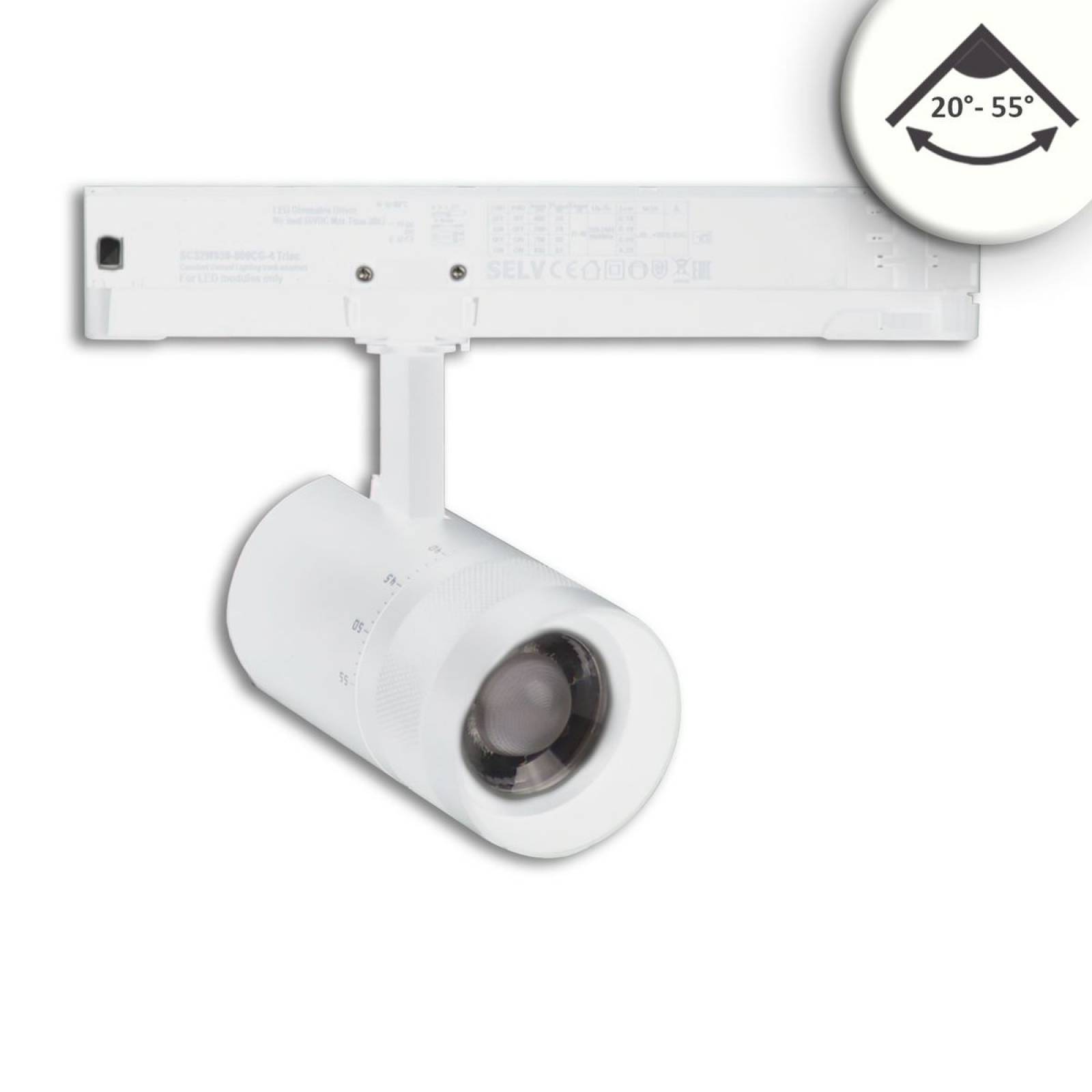 LED 3-Phasen-Strahler 12W, fokussierbar 20�-55�, wei� matt, 4000K, 970lm, CRI/Ra90, DALI dimmbar