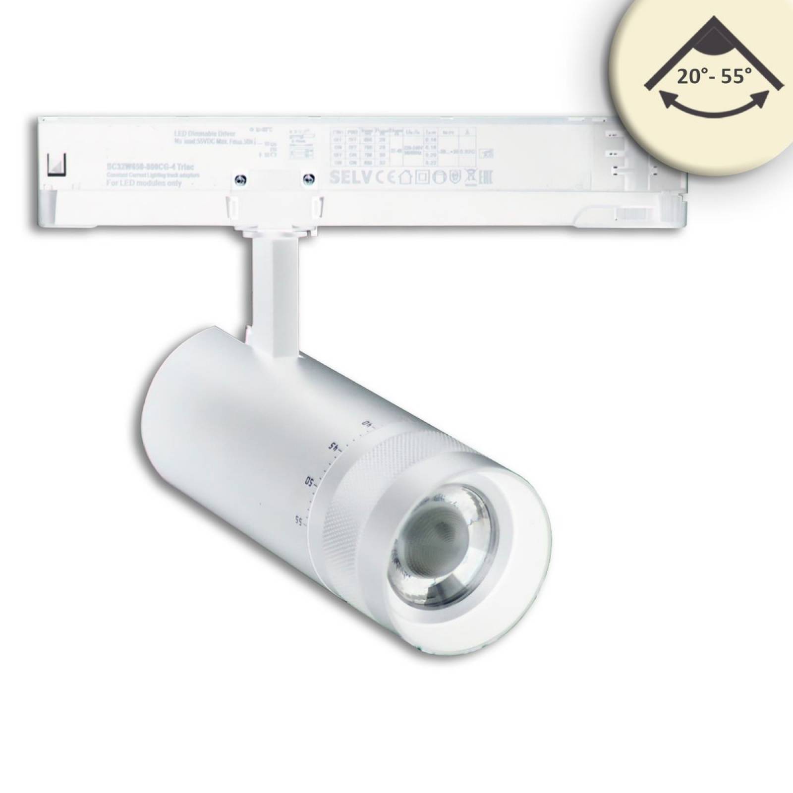 LED 3-Phasen-Strahler 24W, fokussierbar 20�-55�, wei� matt, 3000K, 2120lm, CRI/Ra90, DALI dimmbar