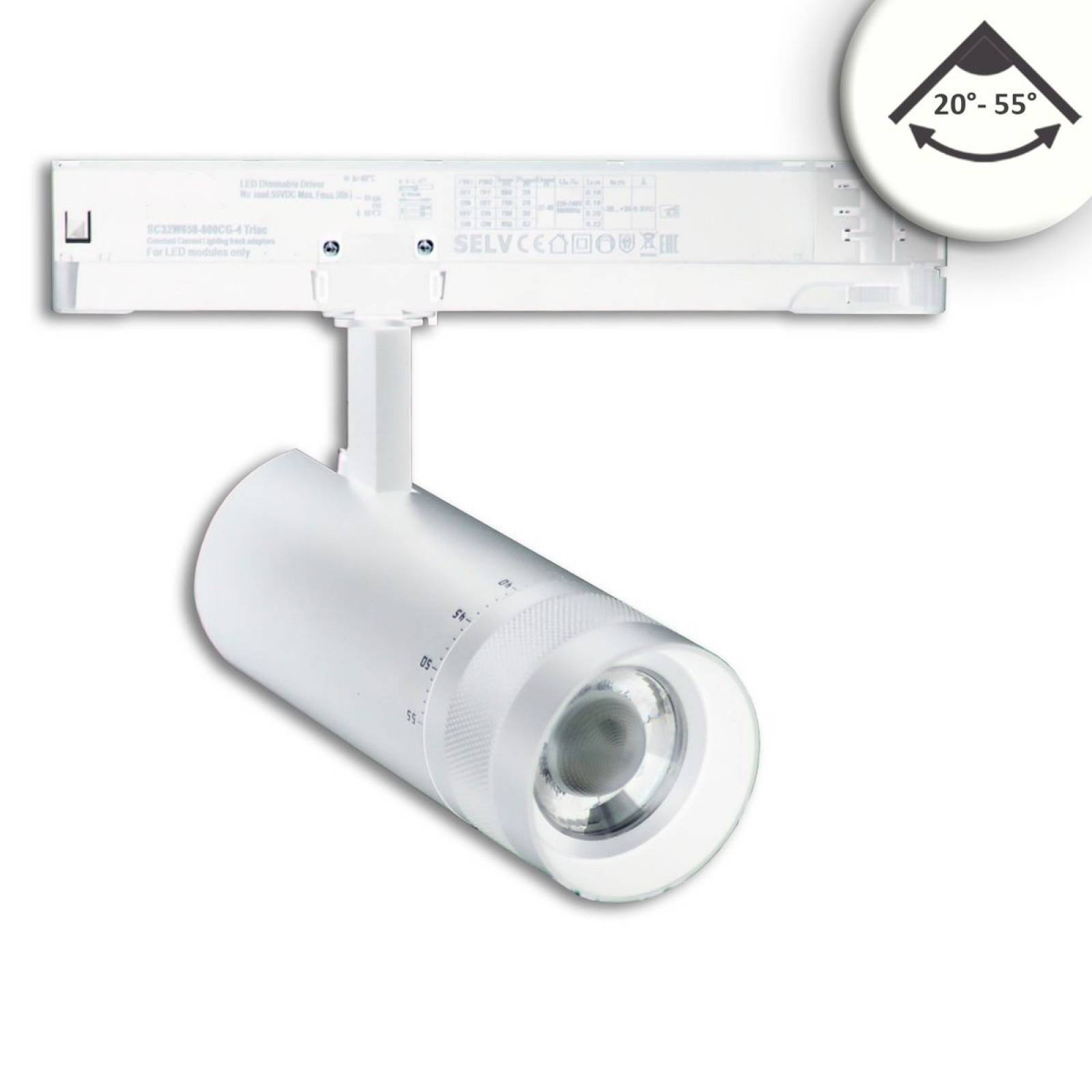 LED 3-Phasen-Strahler 24W, fokussierbar 20�-55�, wei� matt, 4000K, 2220lm, CRI/Ra90, DALI dimmbar