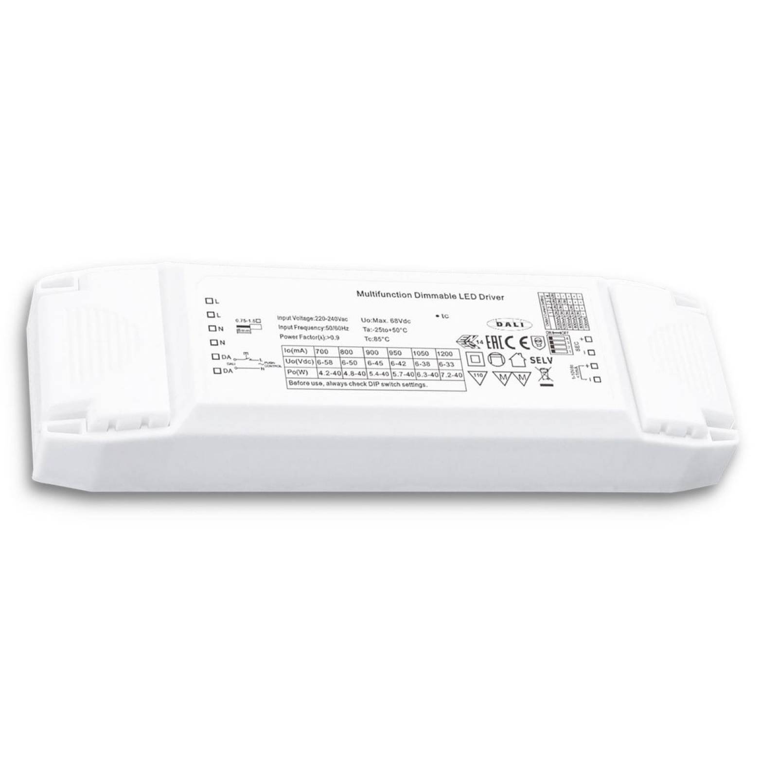 LED Konstantstrom Trafo 700/800/900/950/1050/1200mA, 40W, Push/0-10V/DALI dimmbar, SELV