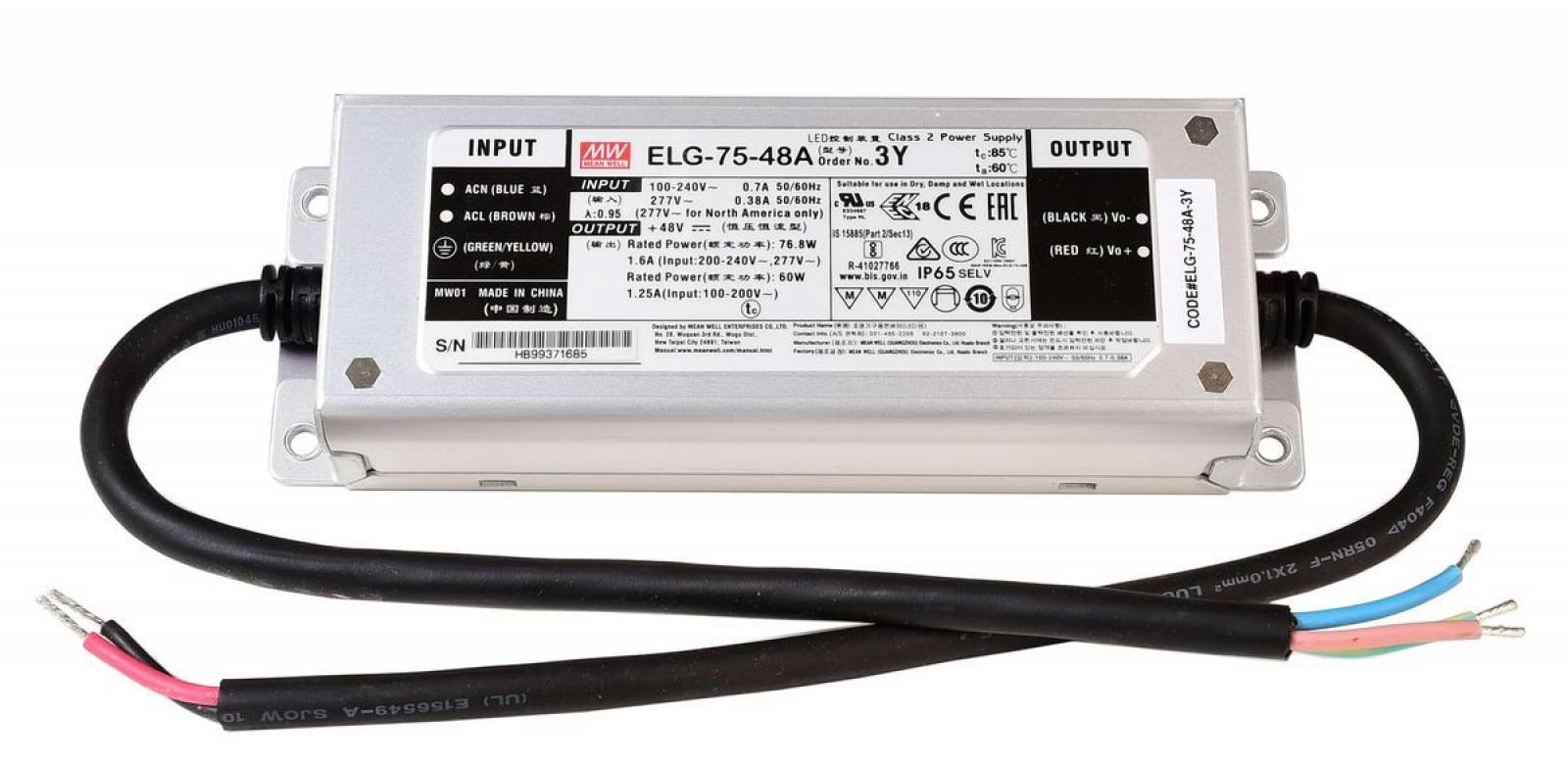 LED Trafo Mean Well ELG Typ A, 48V/DC, 75 bis 240W, IP65, nicht dimmbar