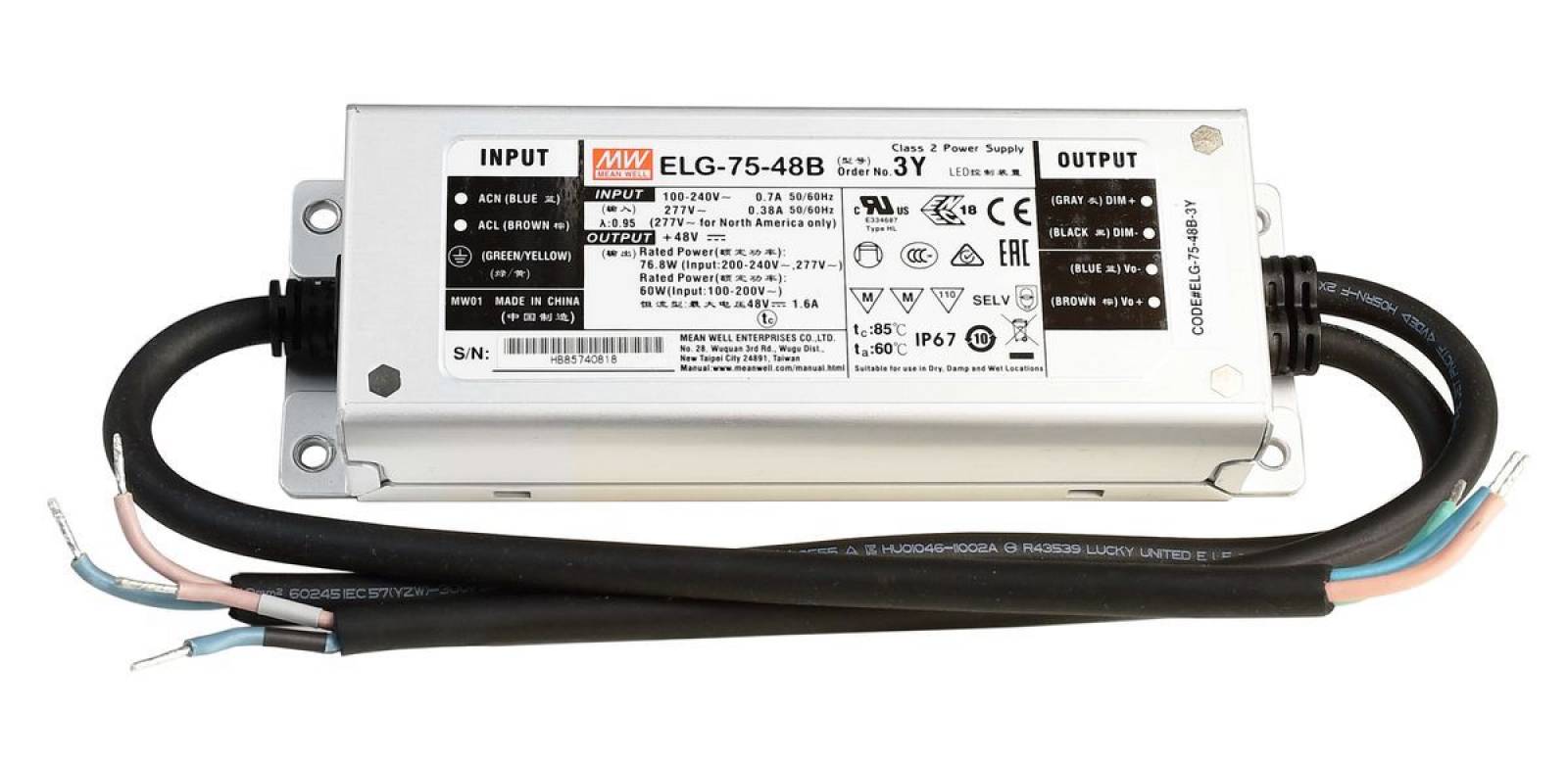 LED Trafo Mean Well ELG Typ B, 48V/DC, 75 bis 240W, IP67, dimmbar 1-10V