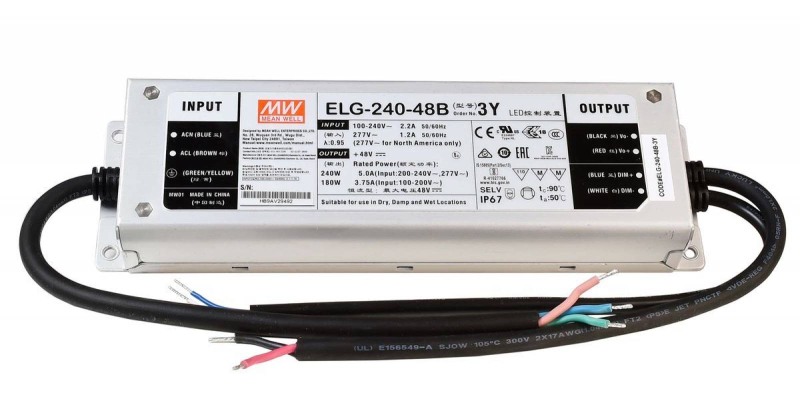 LED Trafo Mean Well ELG Typ B, 48V/DC, IP67, 200W dimmbar 1-10V