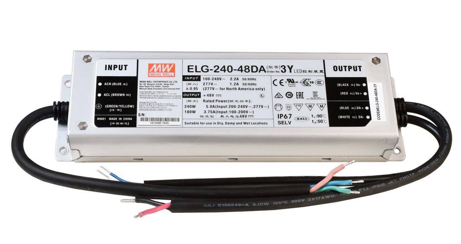 Mean Well LED Netztei ELG-200-48DA, 48V/DC, 200W, IP67, DALI dimmbar