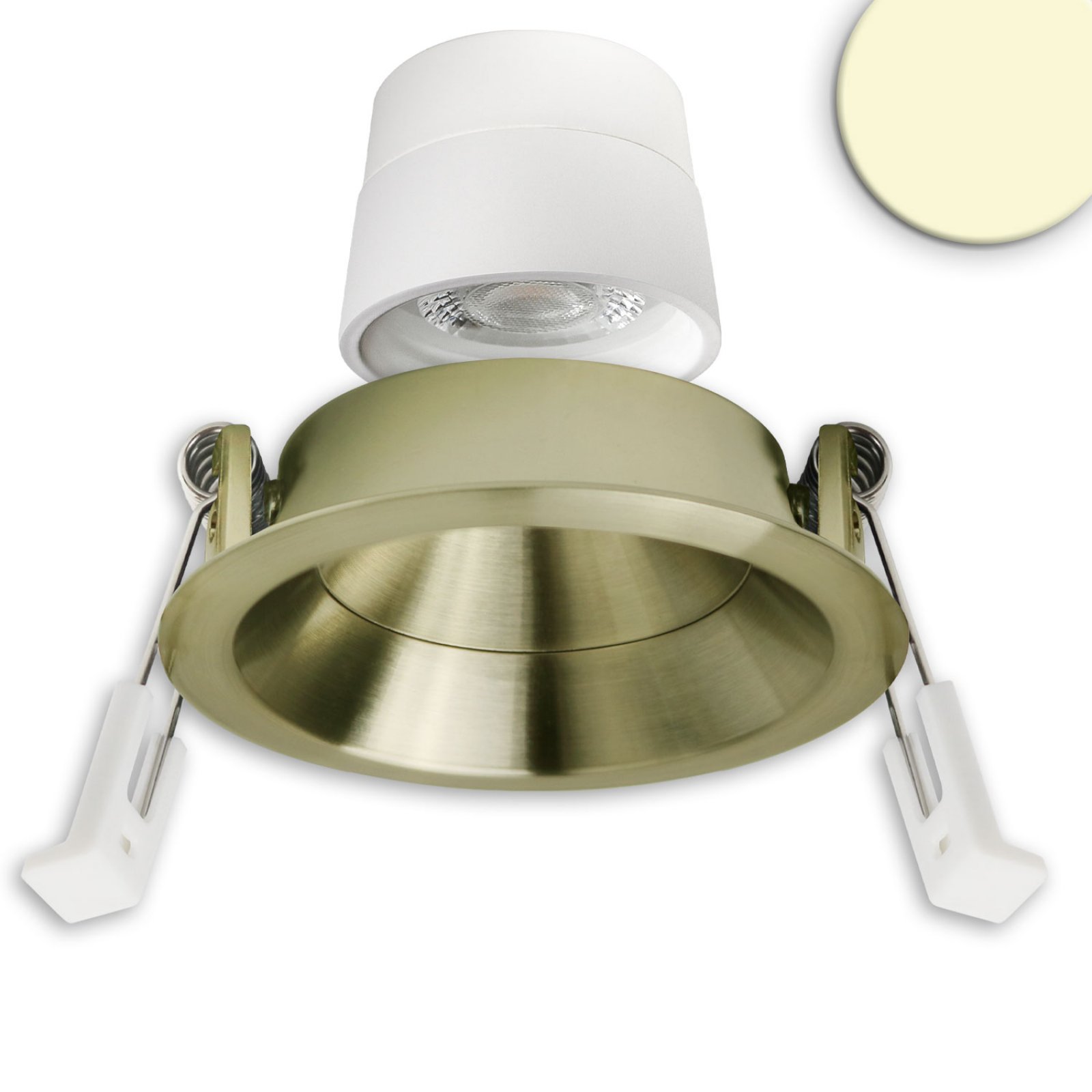 Schwenkbarer LED B�ro-/Einbaustrahler Back68, messing geb., 5W, CRI90, 2700K warmwei�, rund, UGR<12,