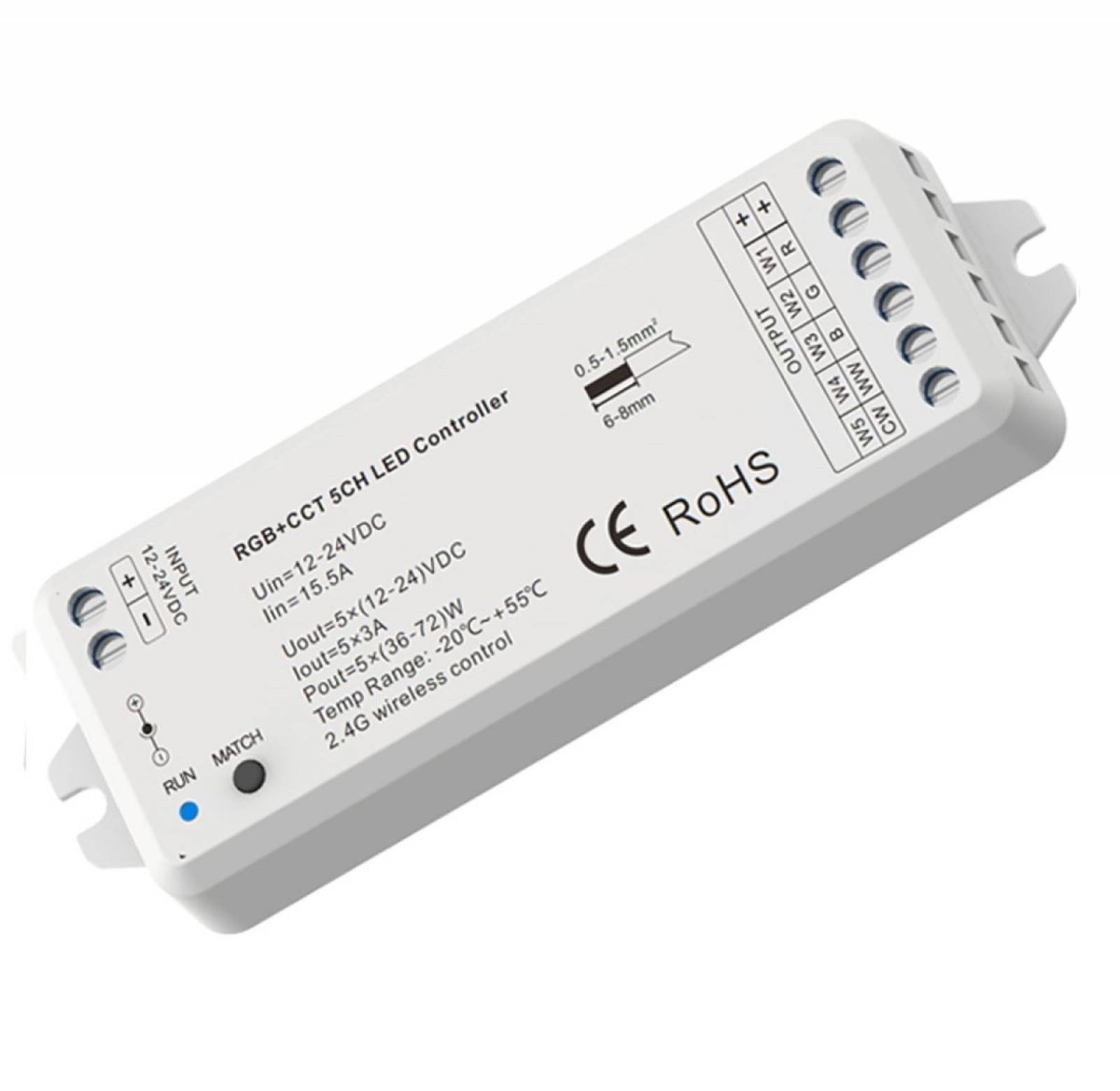 Sys-Pro RGB+CCT Funk Mesh PWM-Controller, 1-5 Kanal, 12-24V DC 5x3A
