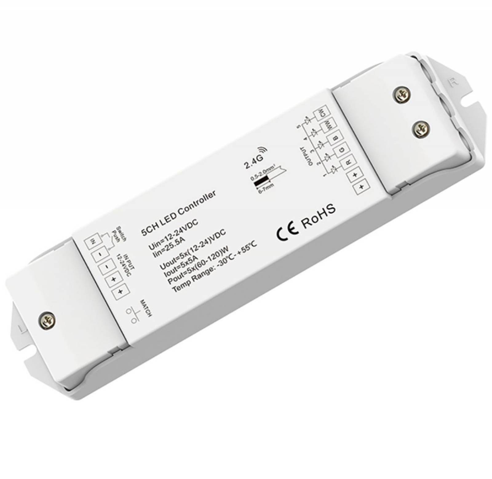 Sys-Pro RGB+CCT Push/Funk Mesh PWM-Controller, 1-5 Kanal, 12-24V DC 5x5A